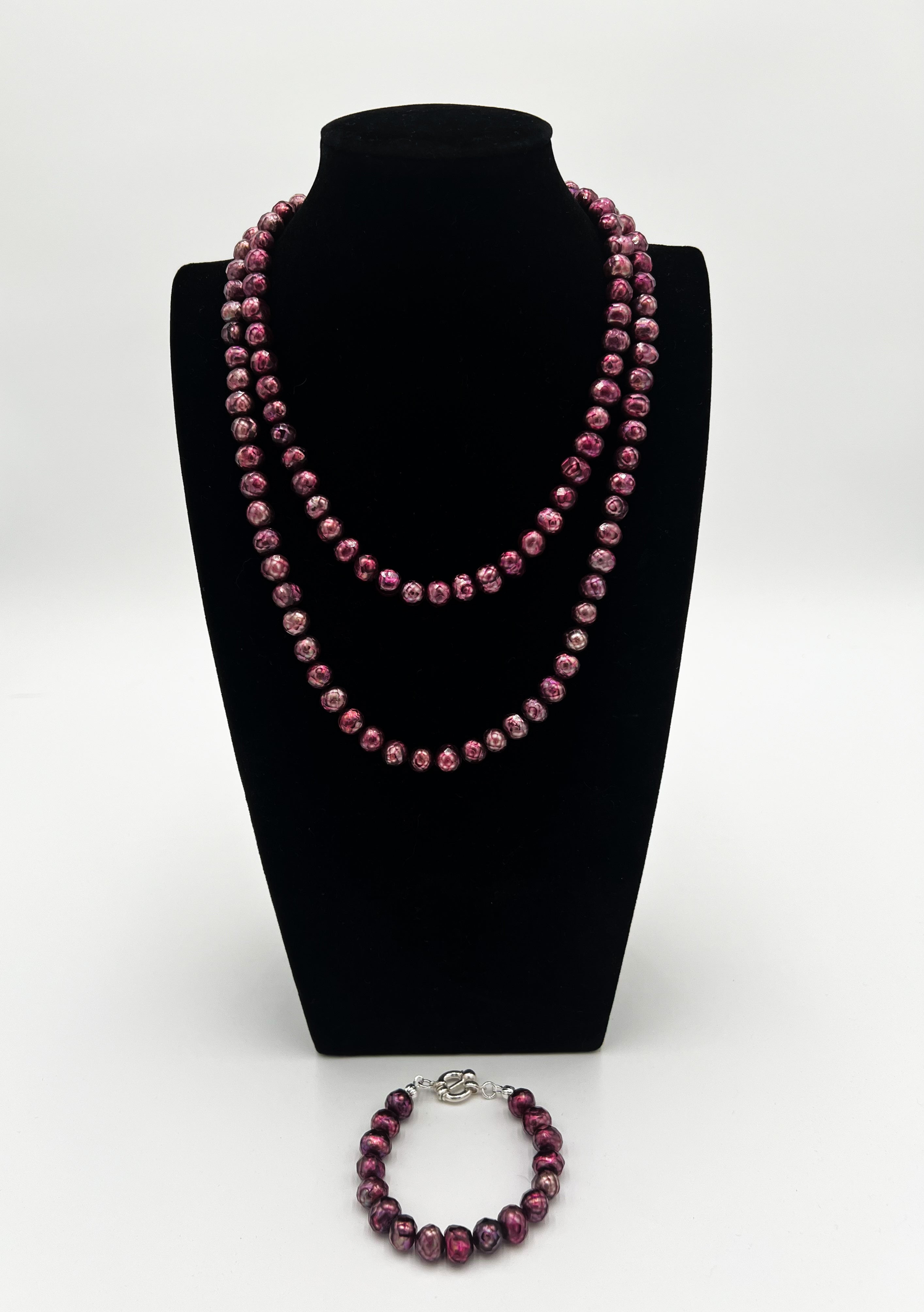 Wine Red Pearl Necklace & Bracelet Set