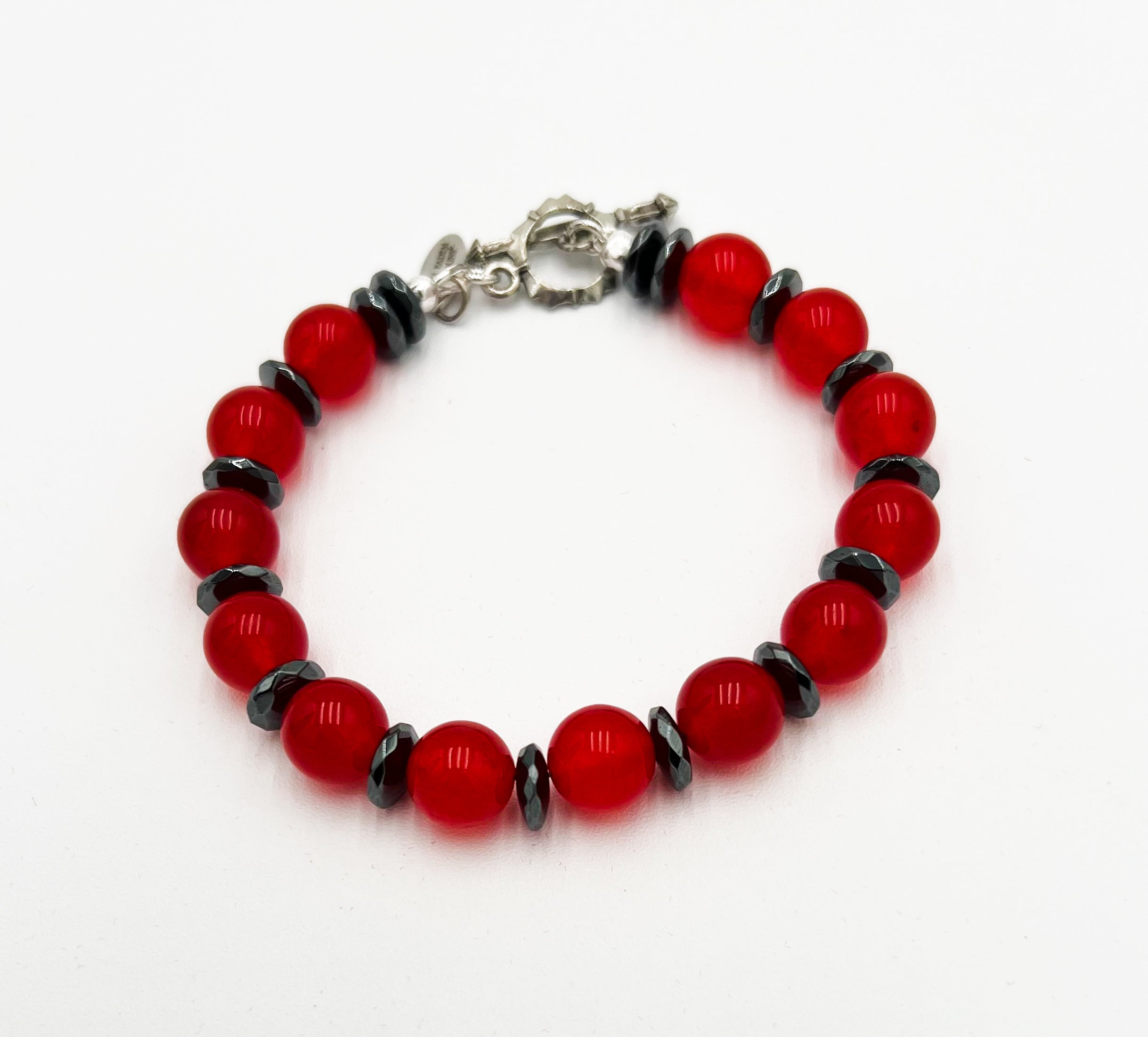 Chili Red Malaysian Jade & Hematite Necklace 16" & Bracelet 7" Set