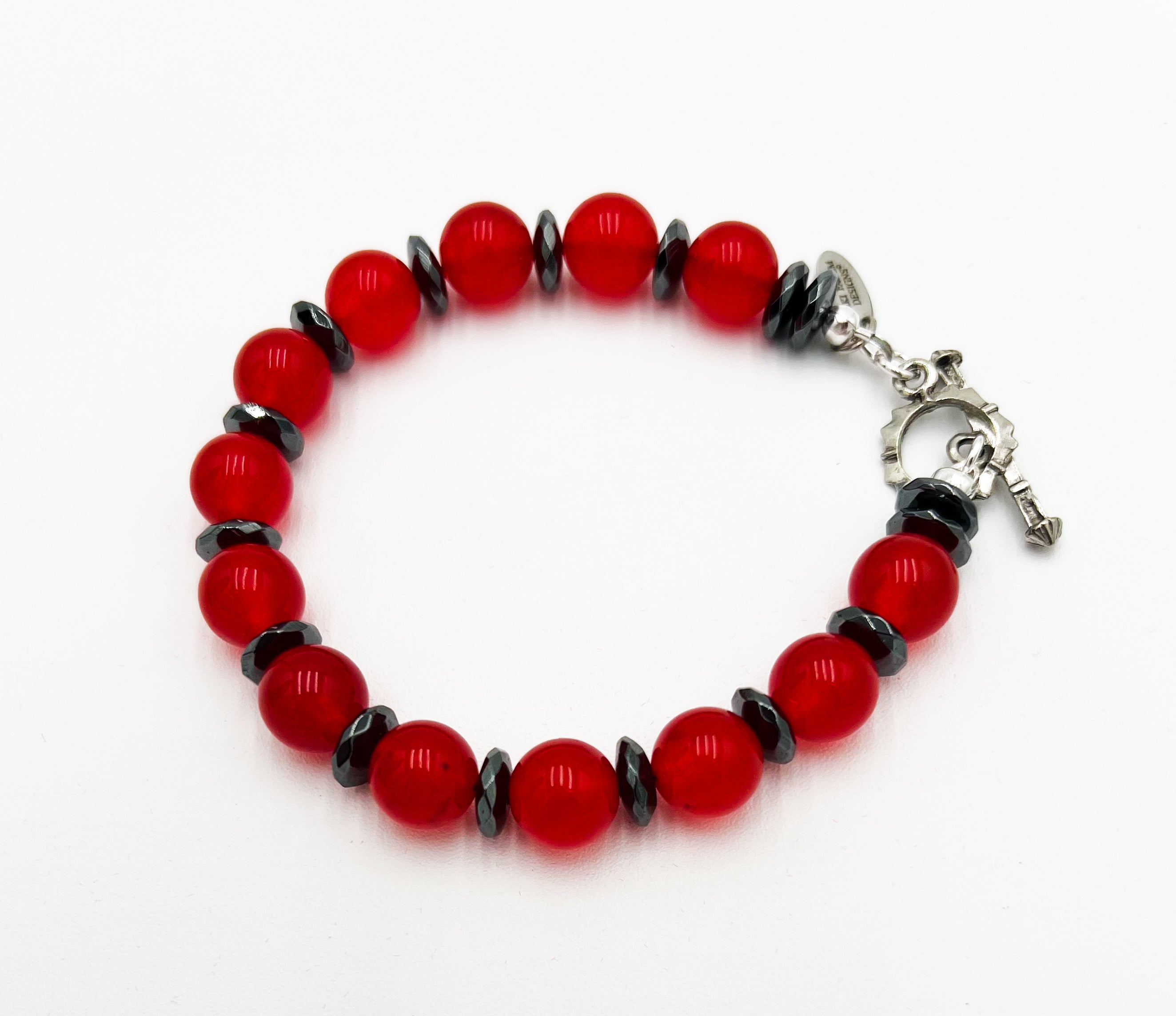 Chili Red Malaysian Jade & Hematite Necklace 16" & Bracelet 7" Set
