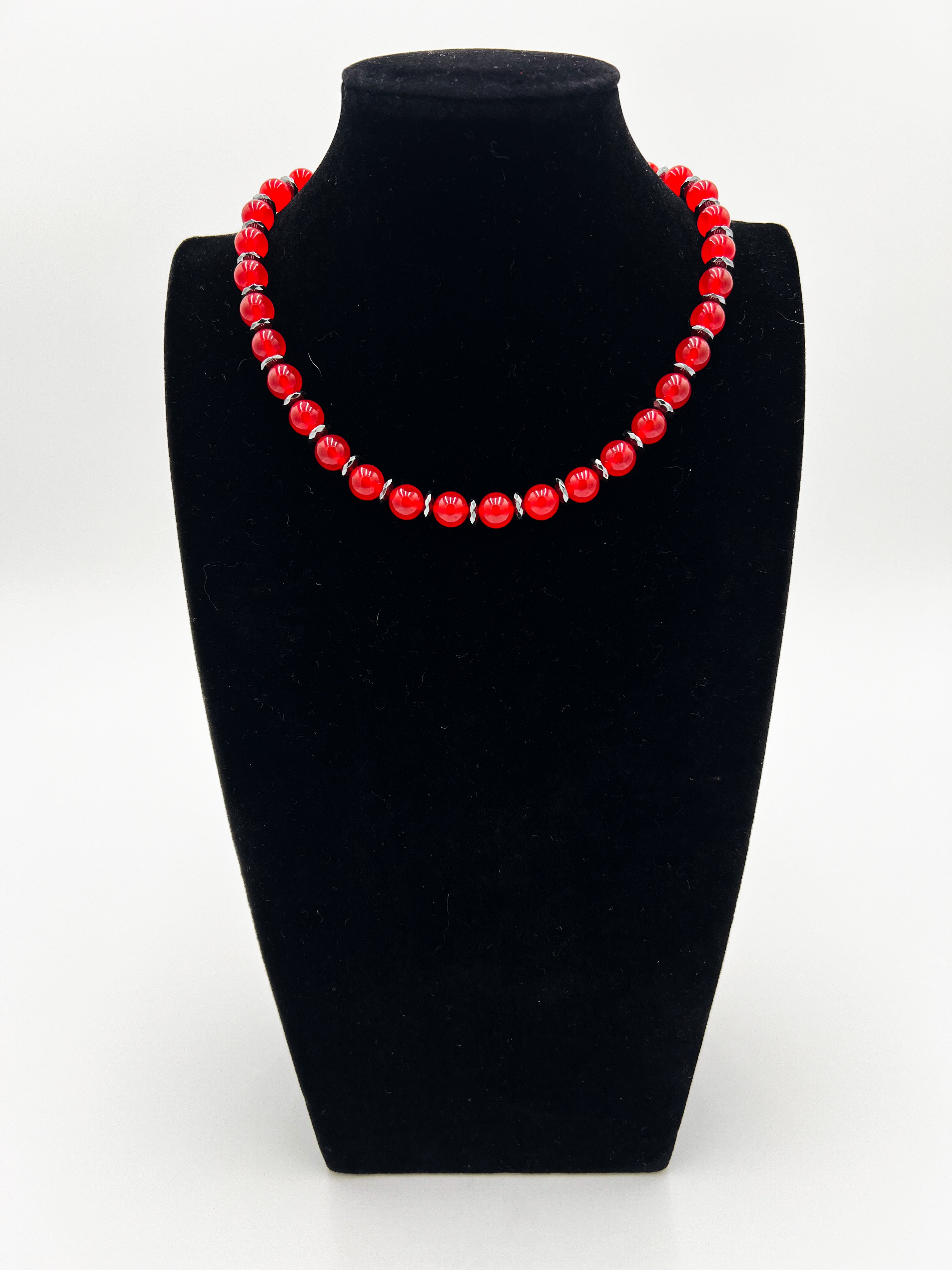 Chili Red Malaysian Jade & Hematite Necklace 16" & Bracelet 7" Set