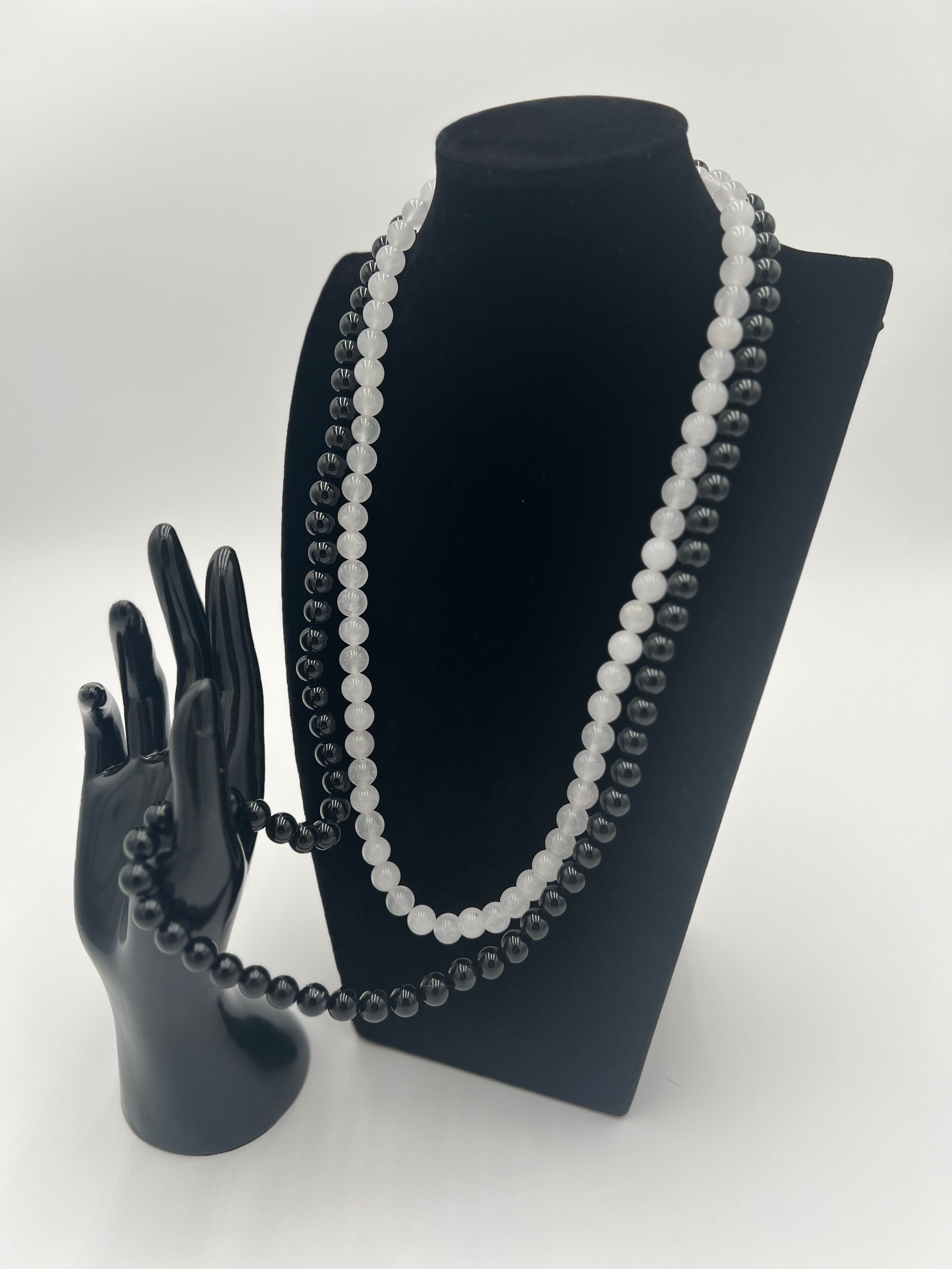 White Jade & Black Onyx Double Necklace 28"