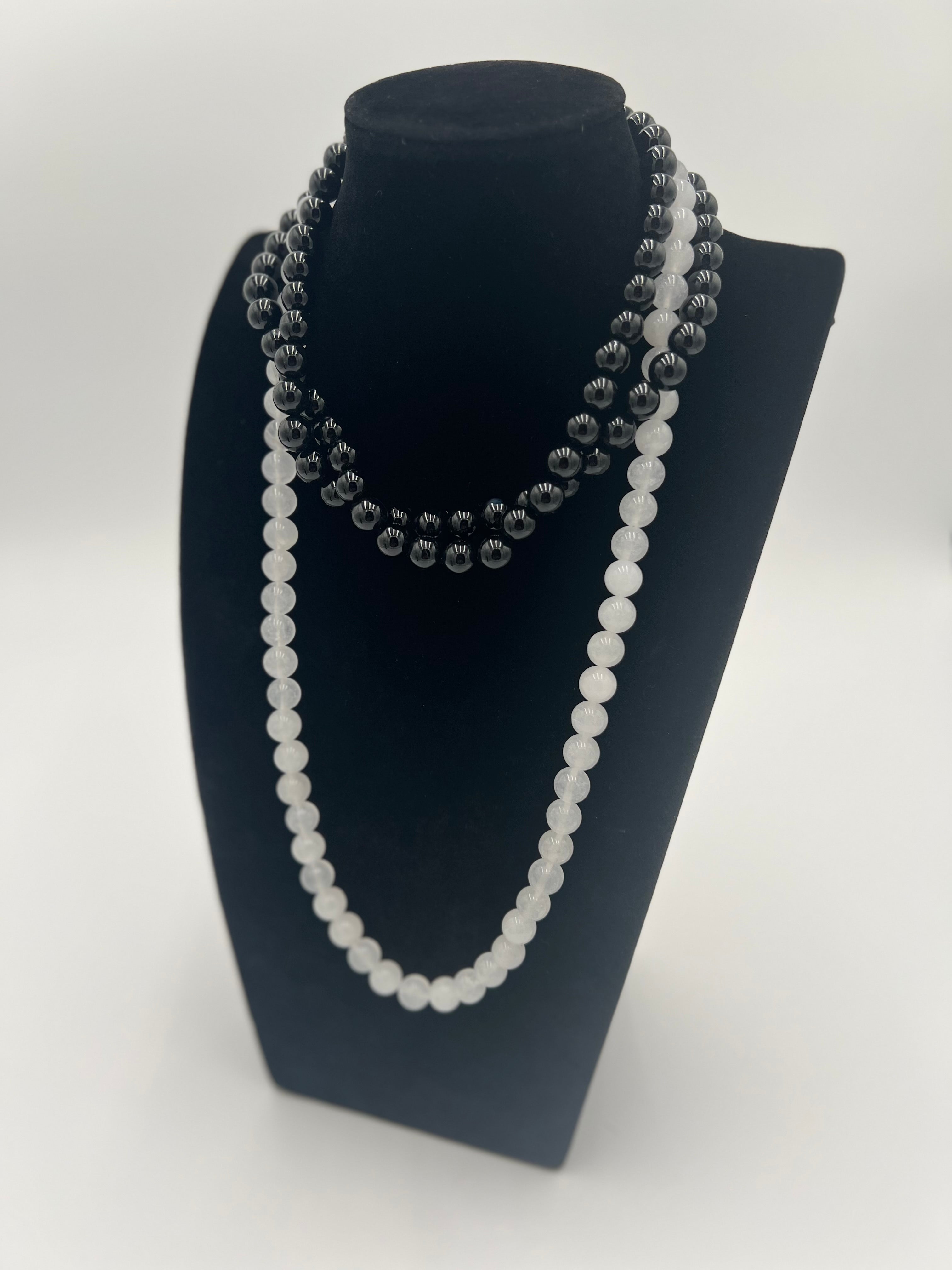 White Jade & Black Onyx Double Necklace 28"