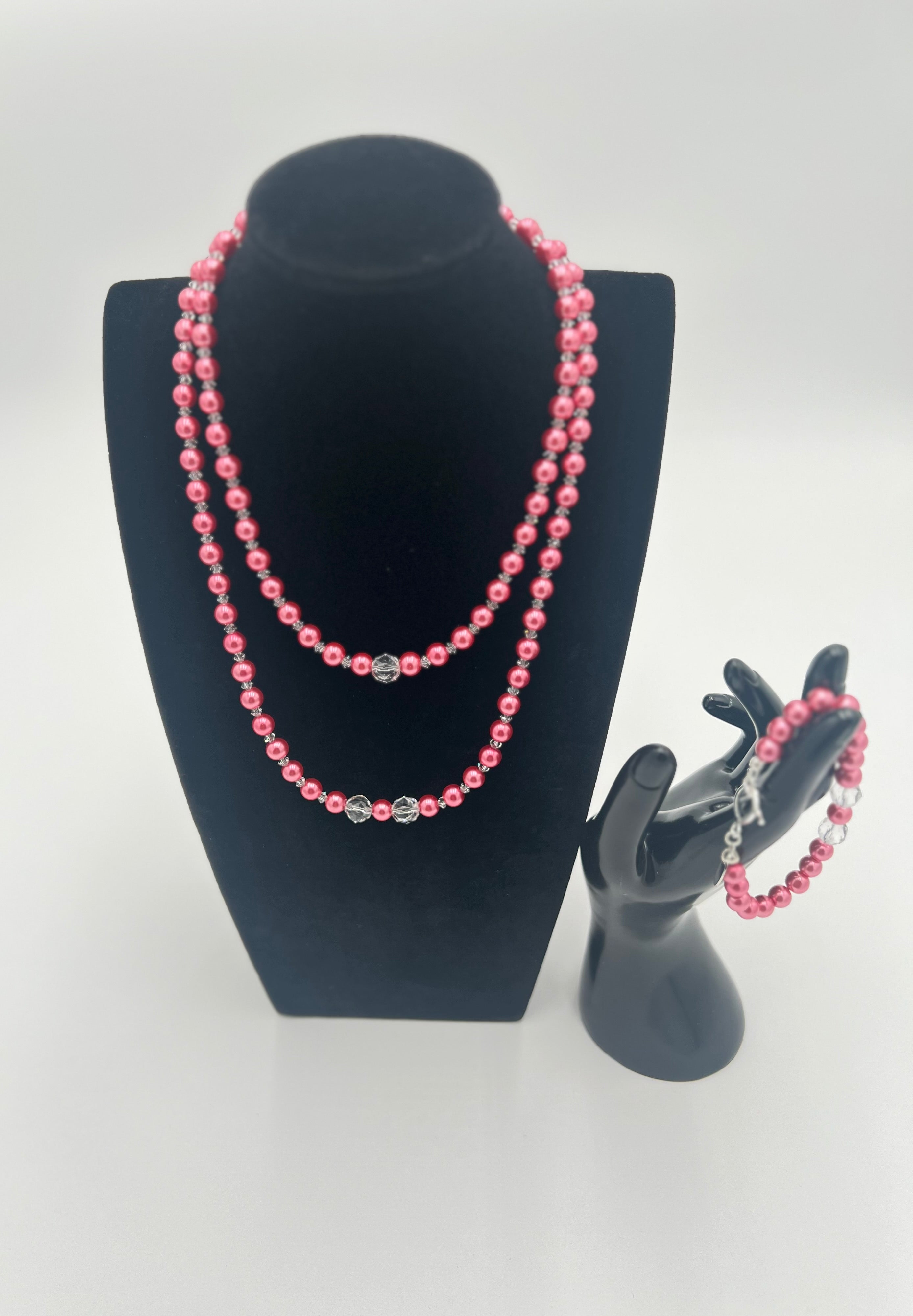 Pink Pearl & Rock Quartz Necklace & Bracelet Set