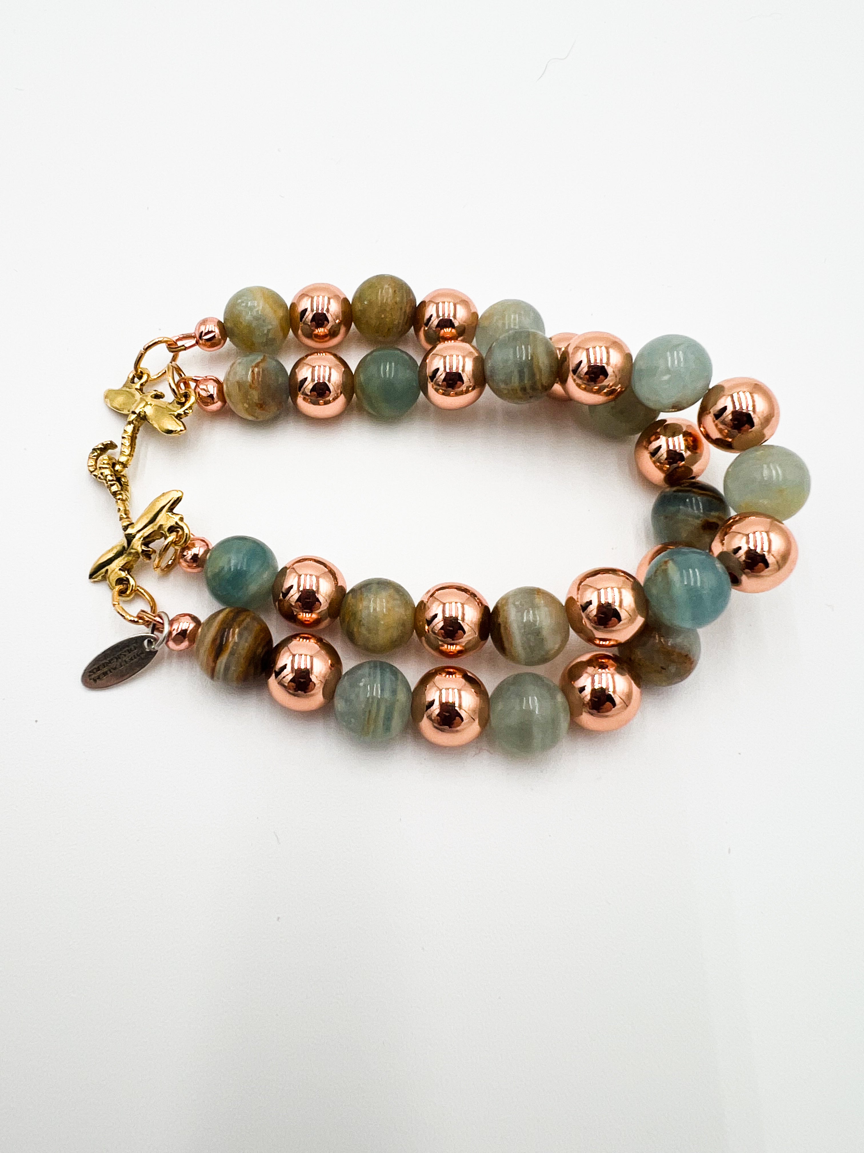Natural Aquatine Calcite & Rose Gold Double Bracelet 7"