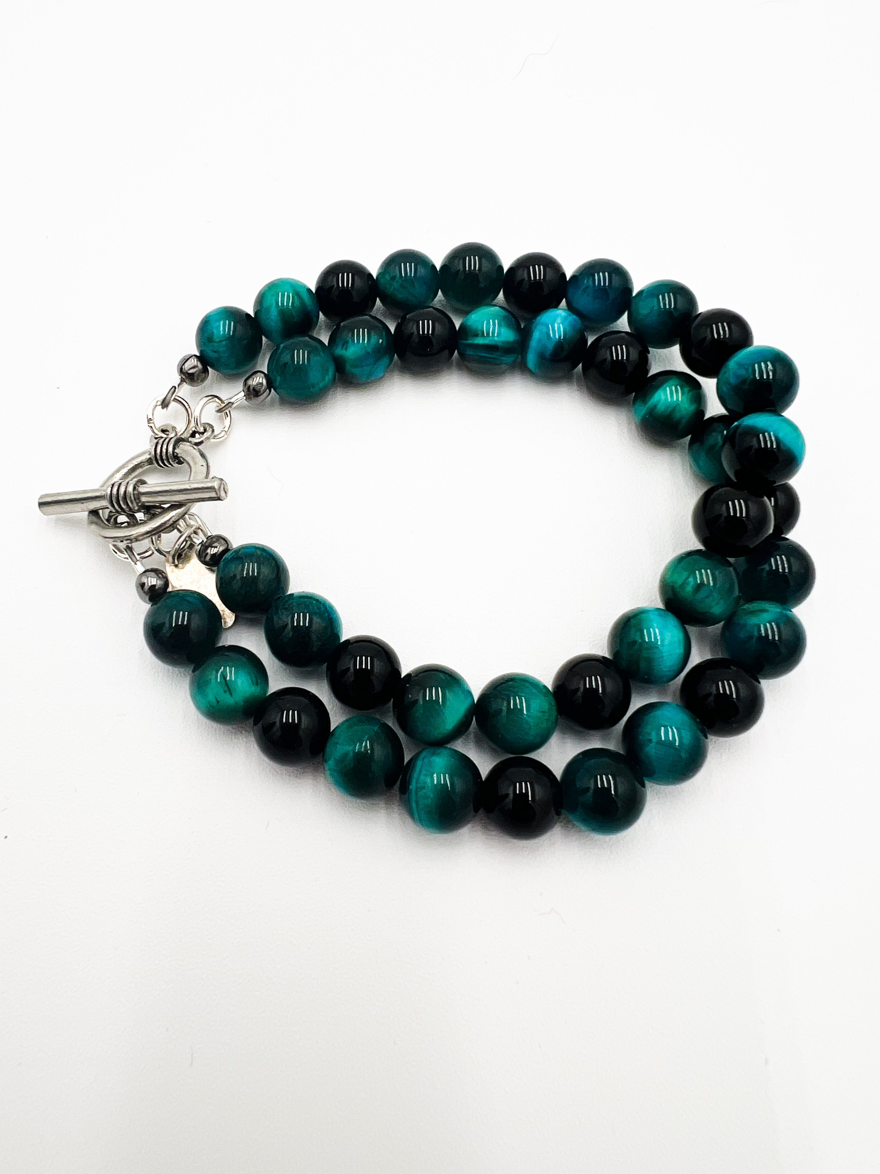 Teal Tigers Eye & Onyx Double Bracelet 7"