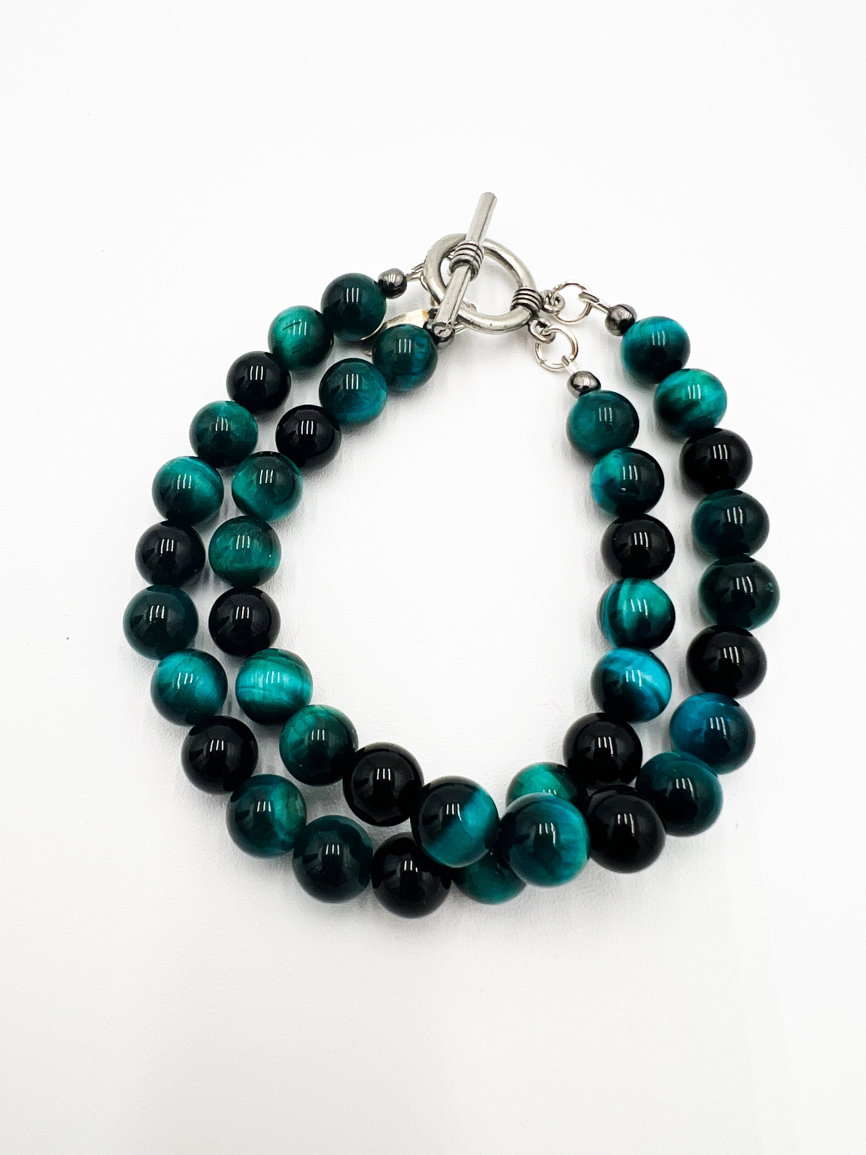 Teal Tigers Eye & Onyx Double Bracelet 7"