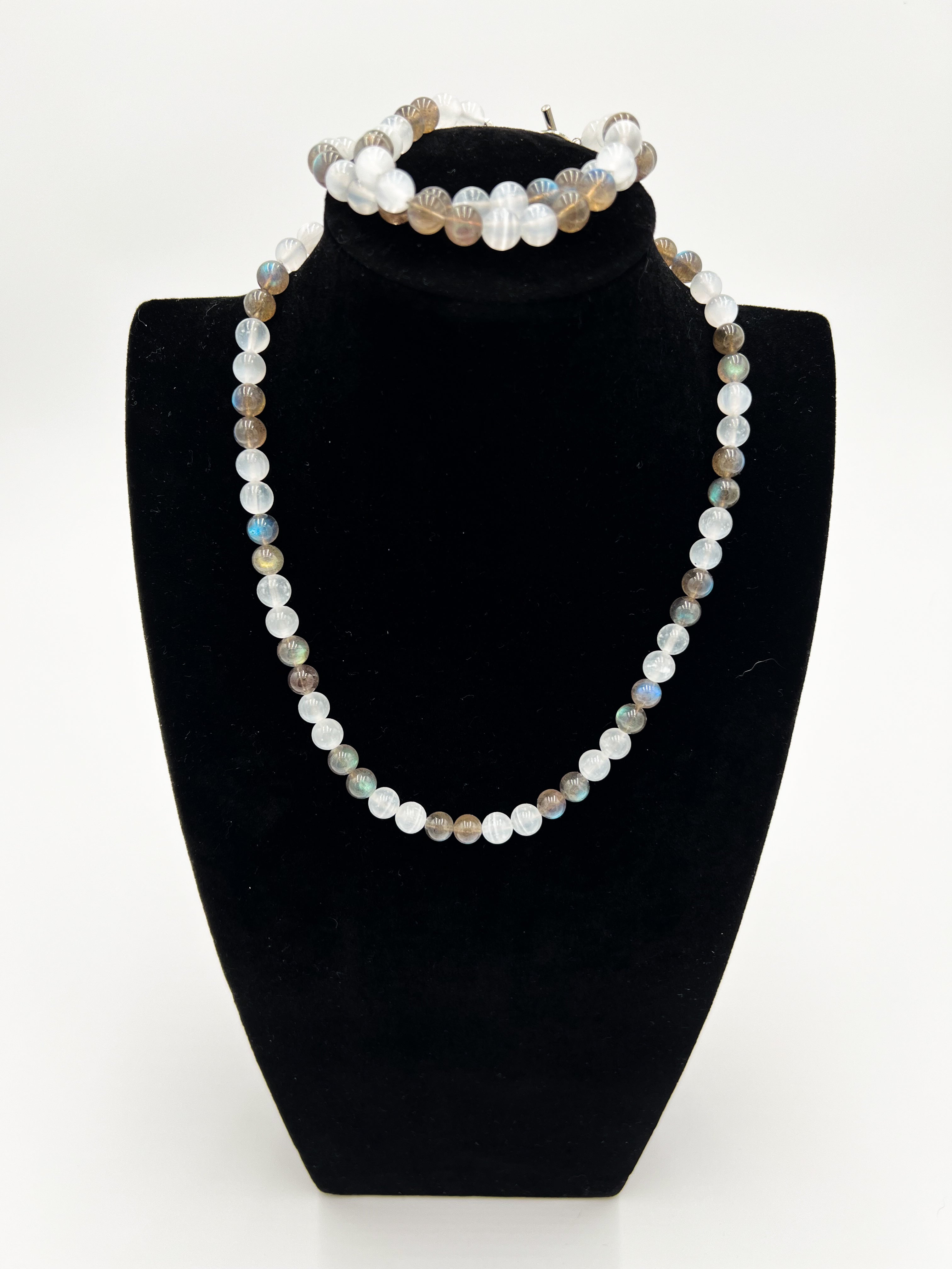 Selenite Cats Eye Necklace 17.5" & Bracelet Set 8"