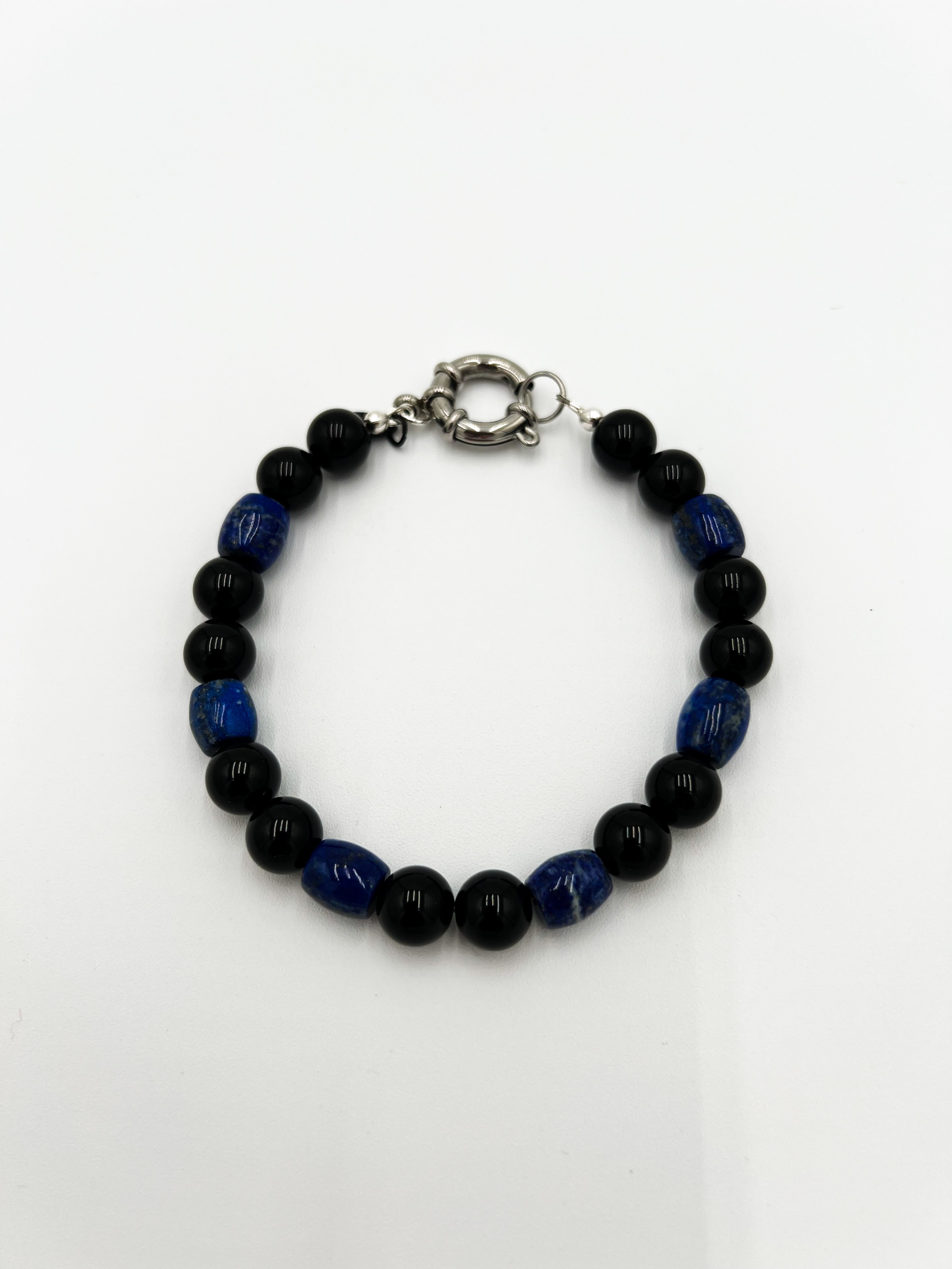 Blue Lapis Drum Barrel & Black Obsidian Bracelet 8"