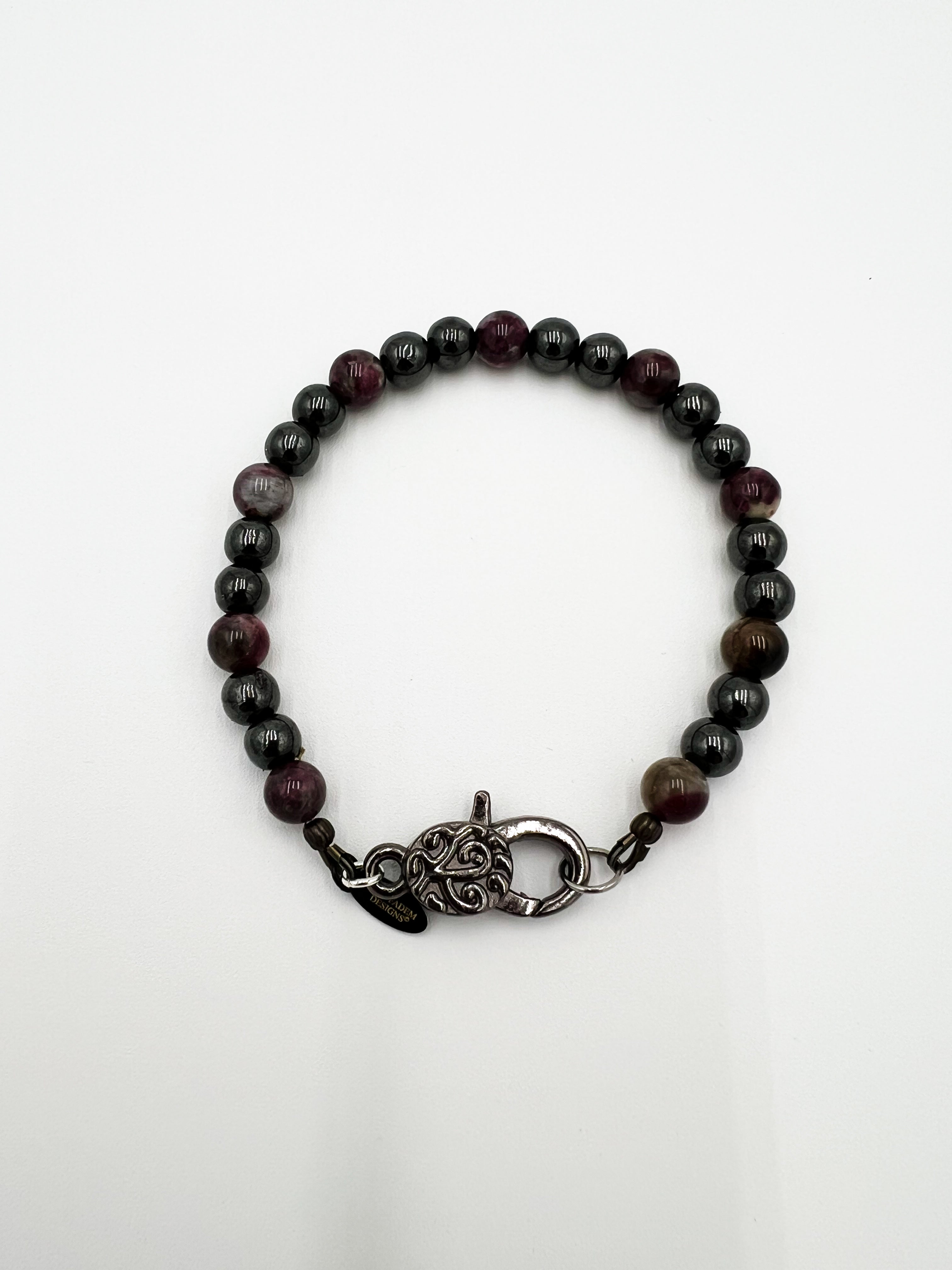 Rainbow Watermelon Tourmaline & Black Obsidian Bracelet 8.5"