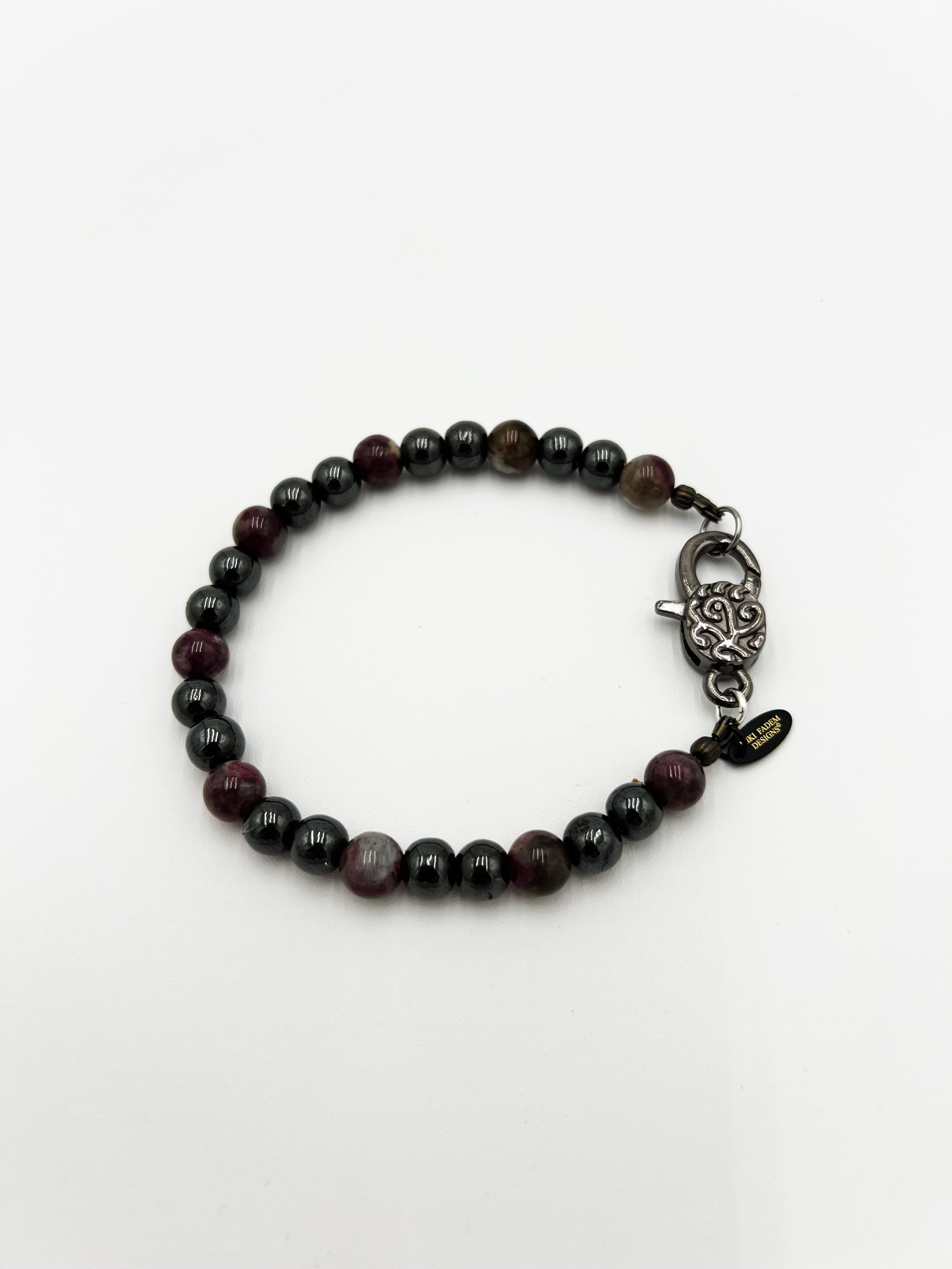 Rainbow Watermelon Tourmaline & Black Obsidian Bracelet 8.5"