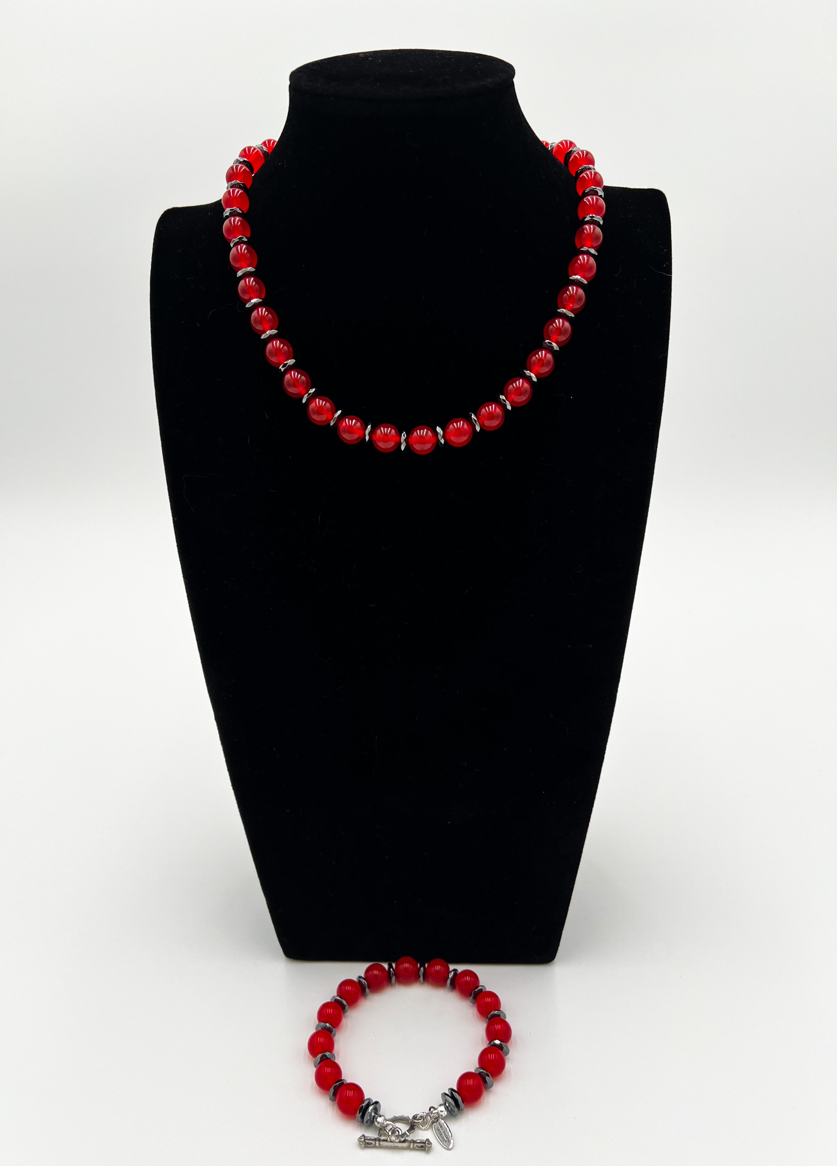 Chili Red Malaysian Jade & Hematite Necklace 16" & Bracelet 7" Set