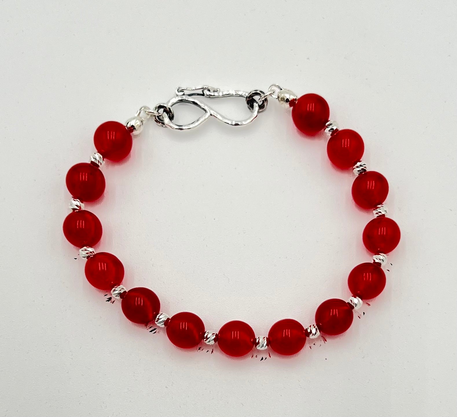 Red Jade & Sterling Silver Bracelet 8"