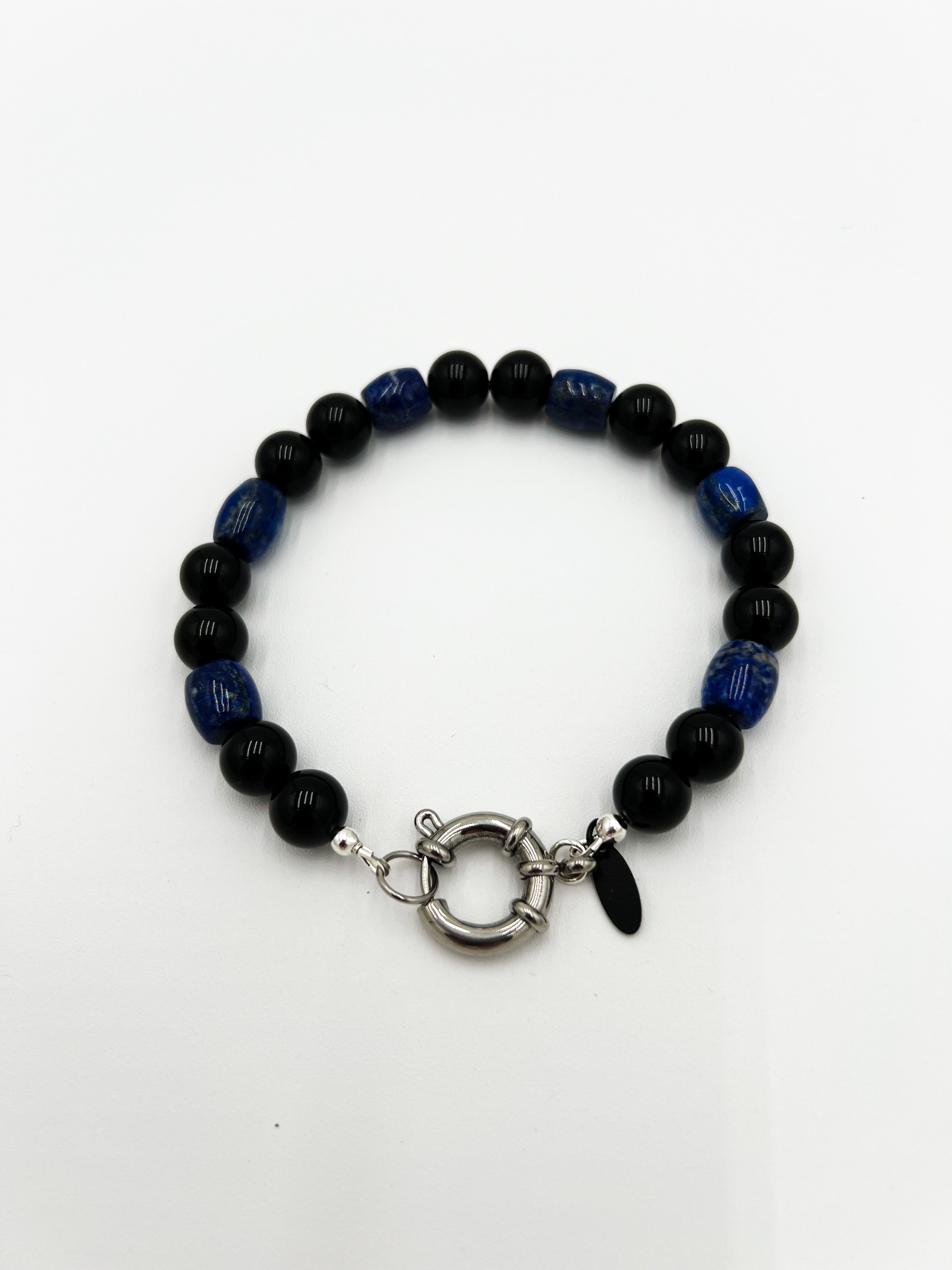 Blue Lapis Drum Barrel & Black Obsidian Bracelet 8"