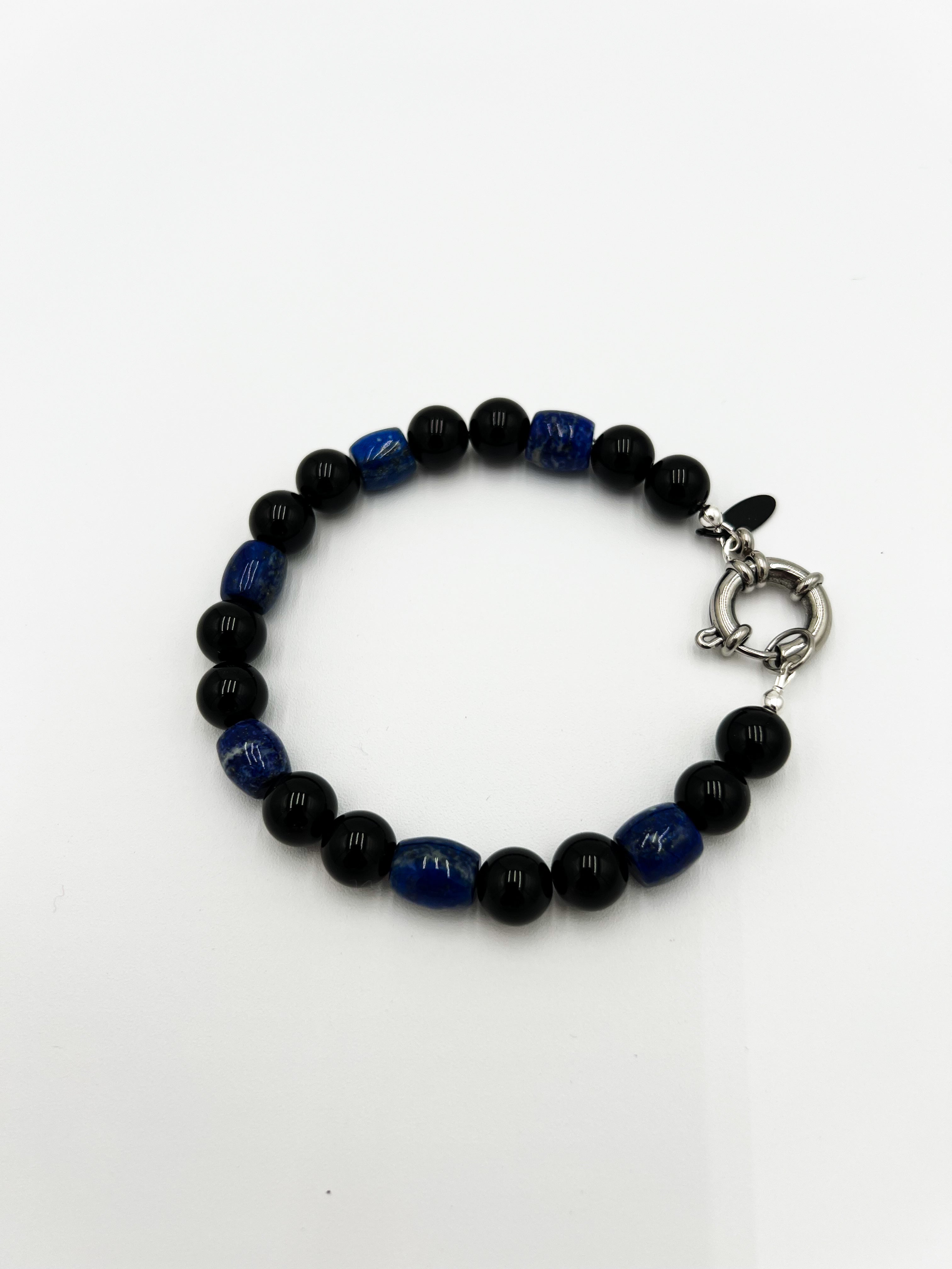 Blue Lapis Drum Barrel & Black Obsidian Bracelet 8"
