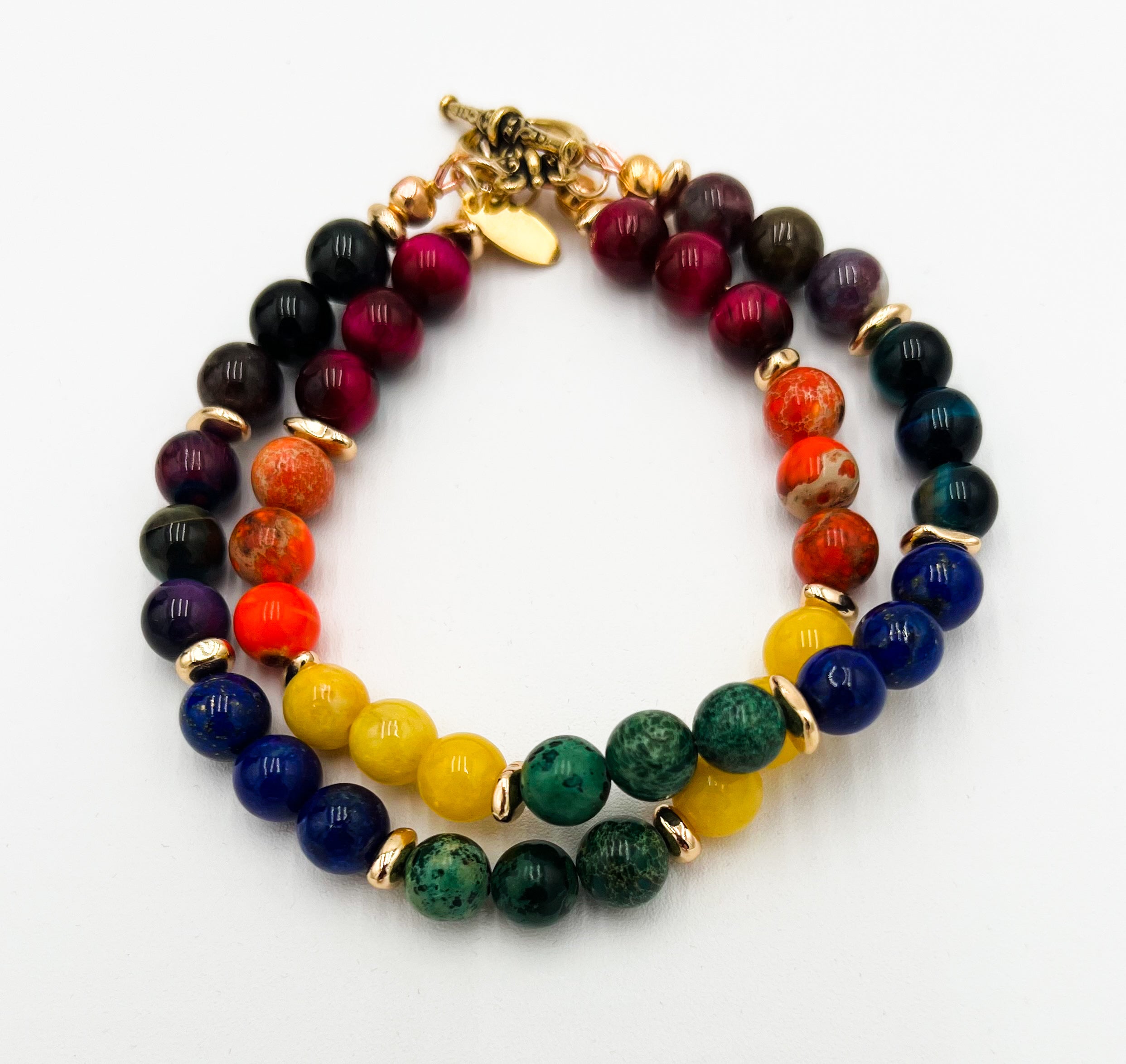 Rainbow & Gold Bracelet -Double Layer Pattern 7.5"