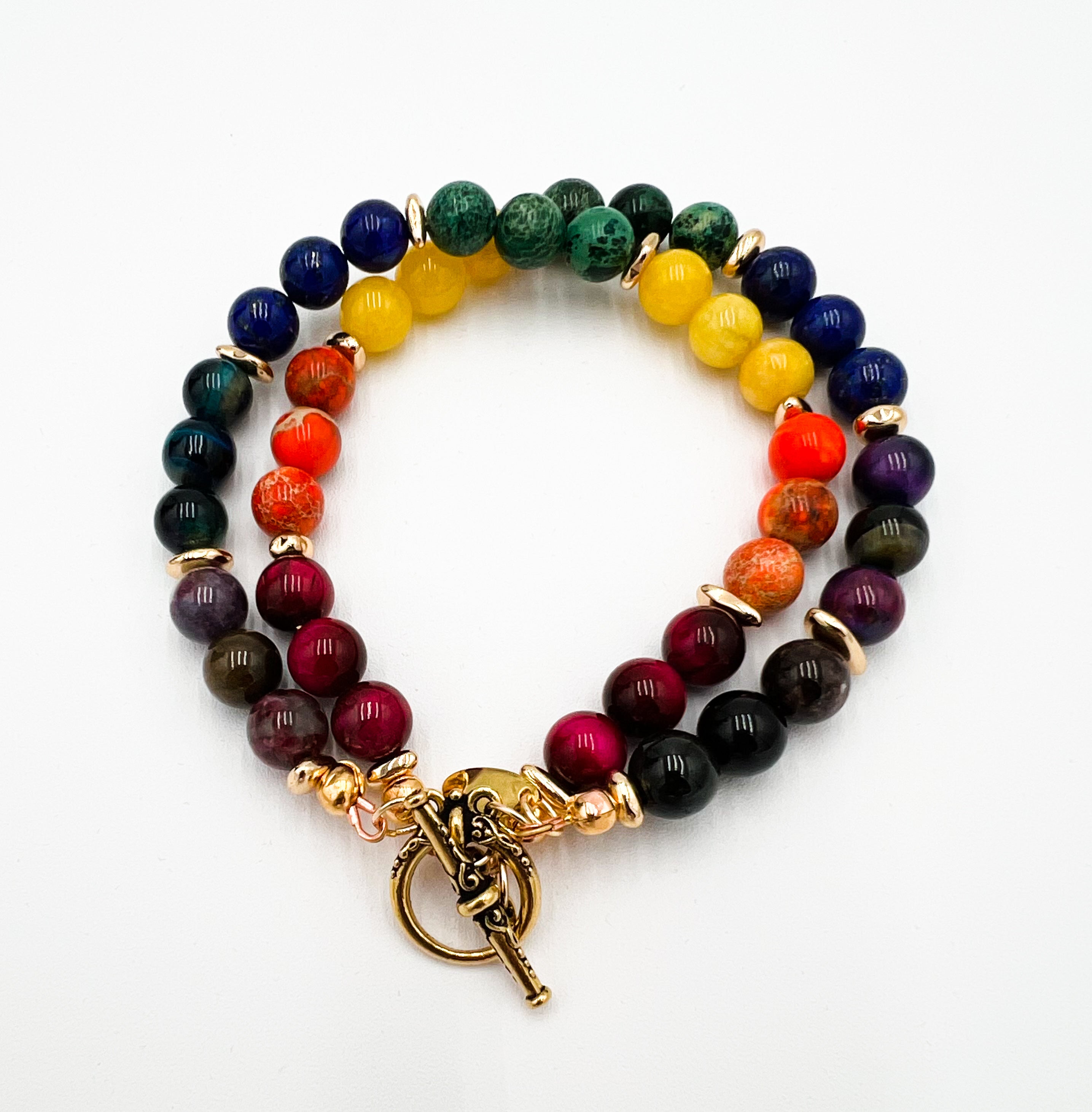 Rainbow & Gold Bracelet -Double Layer Pattern 7.5"