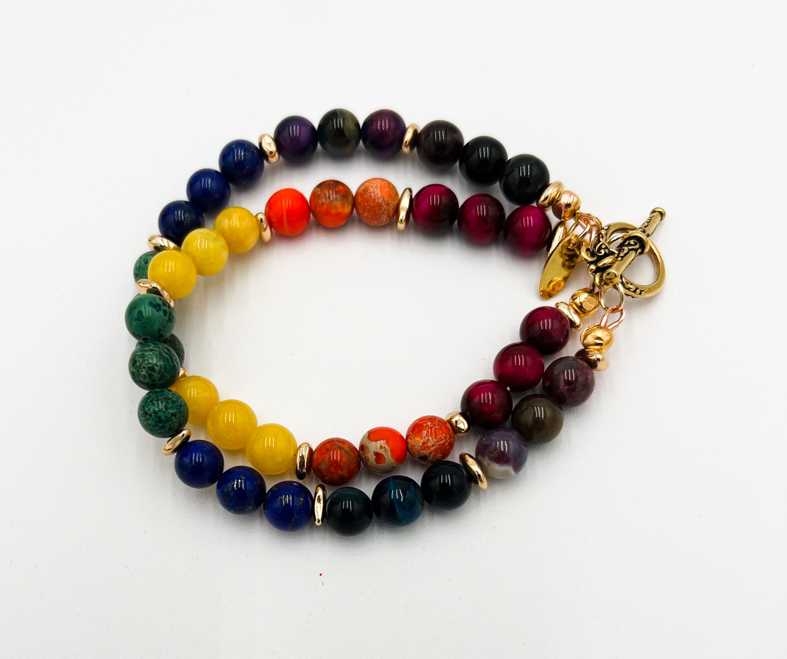 Rainbow & Gold Bracelet -Double Layer Pattern 7.5"